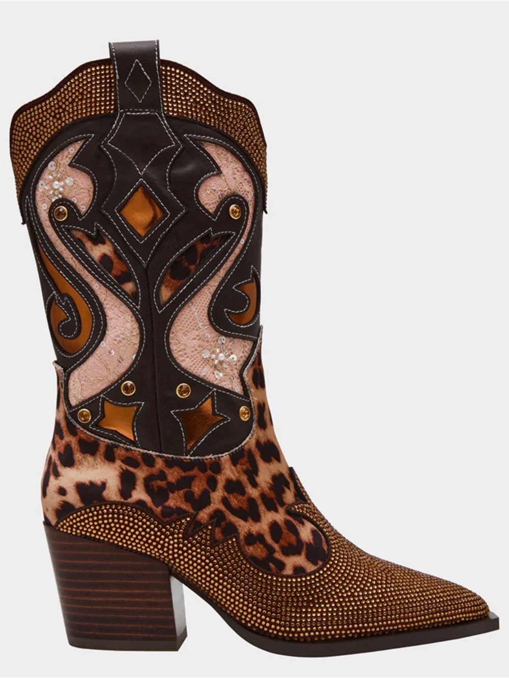 BETSEY JOHNSON Women's Leopard Print Western Boot with Pink Accents. GORGEOUS